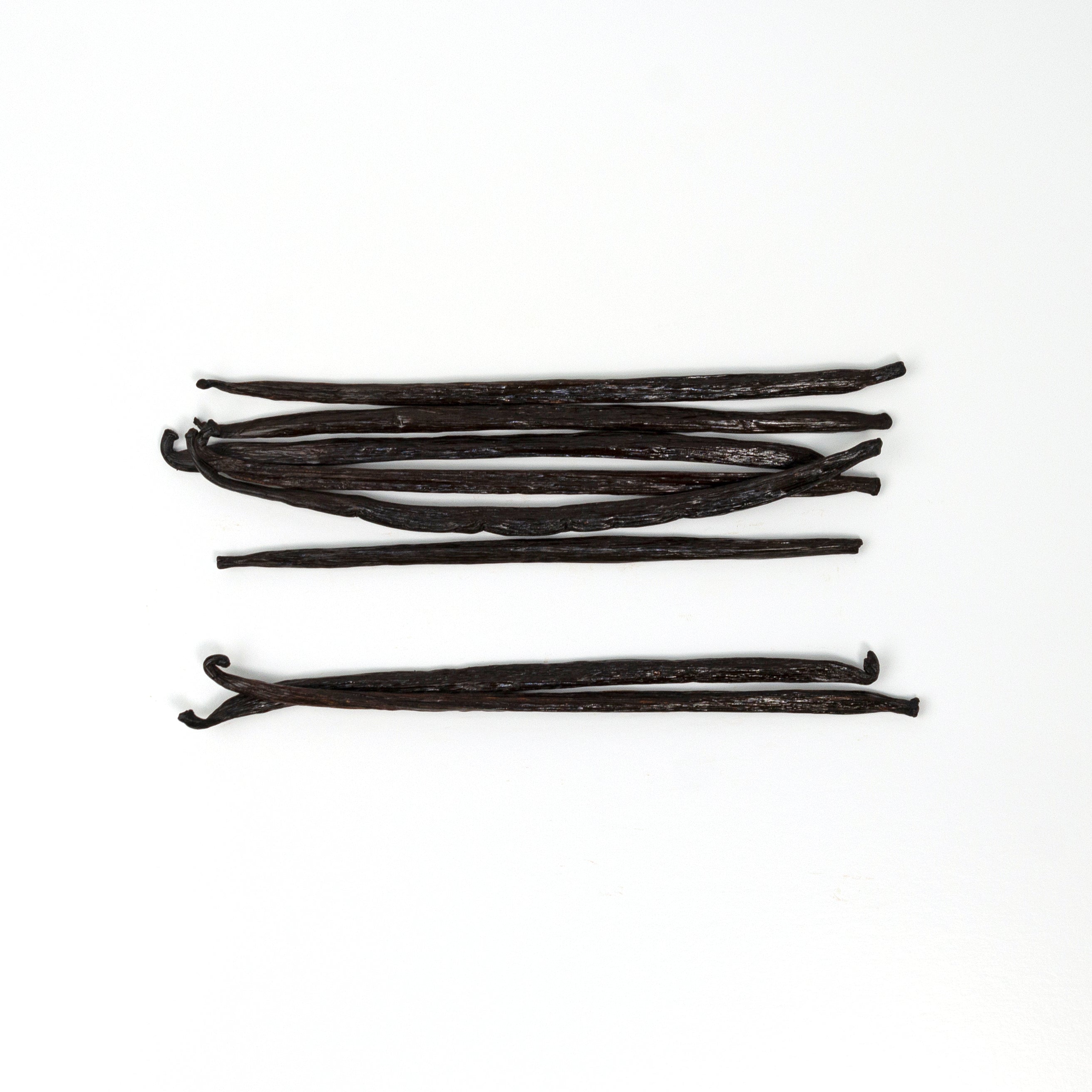 Vanilla beans arranged on a white background
