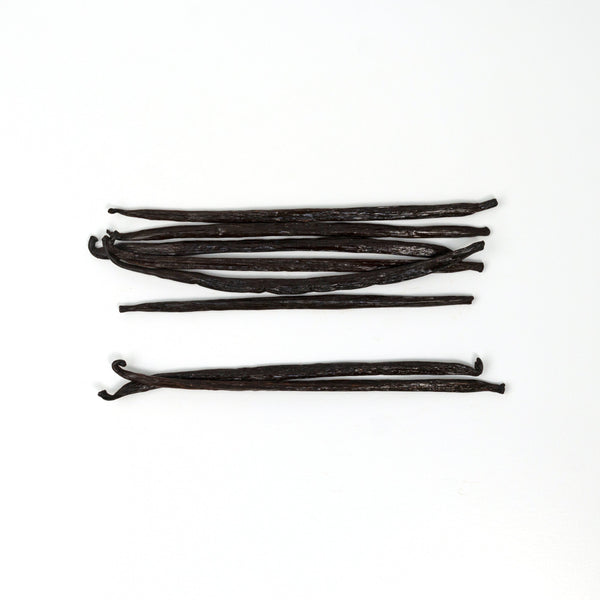 Vanilla beans arranged on a white background