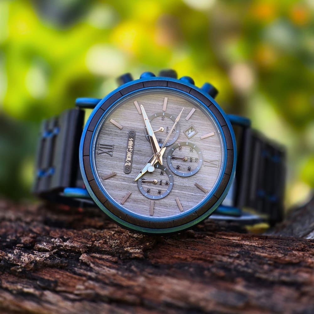 Men's personalised wooden watch with chronograph dials and adjustable link strap