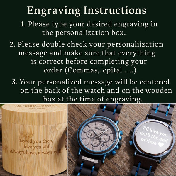 Engraving instructions for a watch and wooden box with sample text.