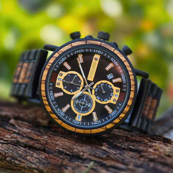 Personalised wooden watch for men shown with custom engraved wooden gift box