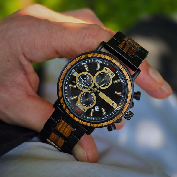 Engraved wooden watch gift set with link removal tool and custom gift box for men