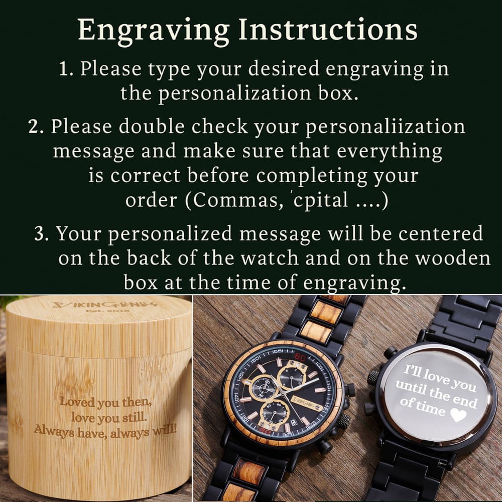 Engraving instructions for a watch and wooden box with sample text.