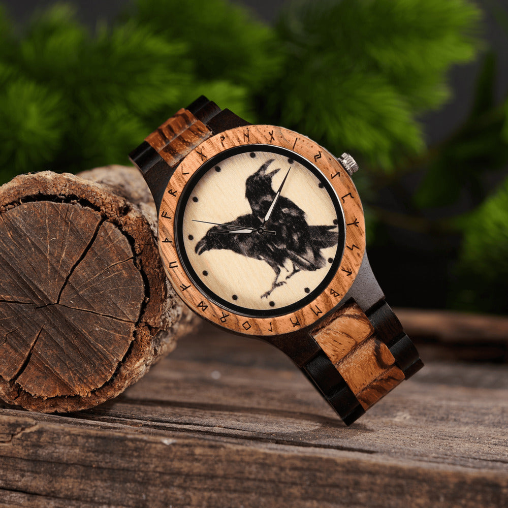 Close-up of personalized engraving on the back of a Viking wooden watch by Vikingenes
