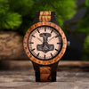 Custom engraved Mjölnir wooden watch with Zebrawood and Ebony band close-up detail