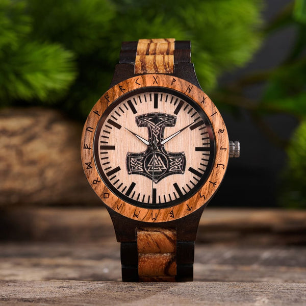 Custom engraved Mjölnir wooden watch with Zebrawood and Ebony band close-up detail