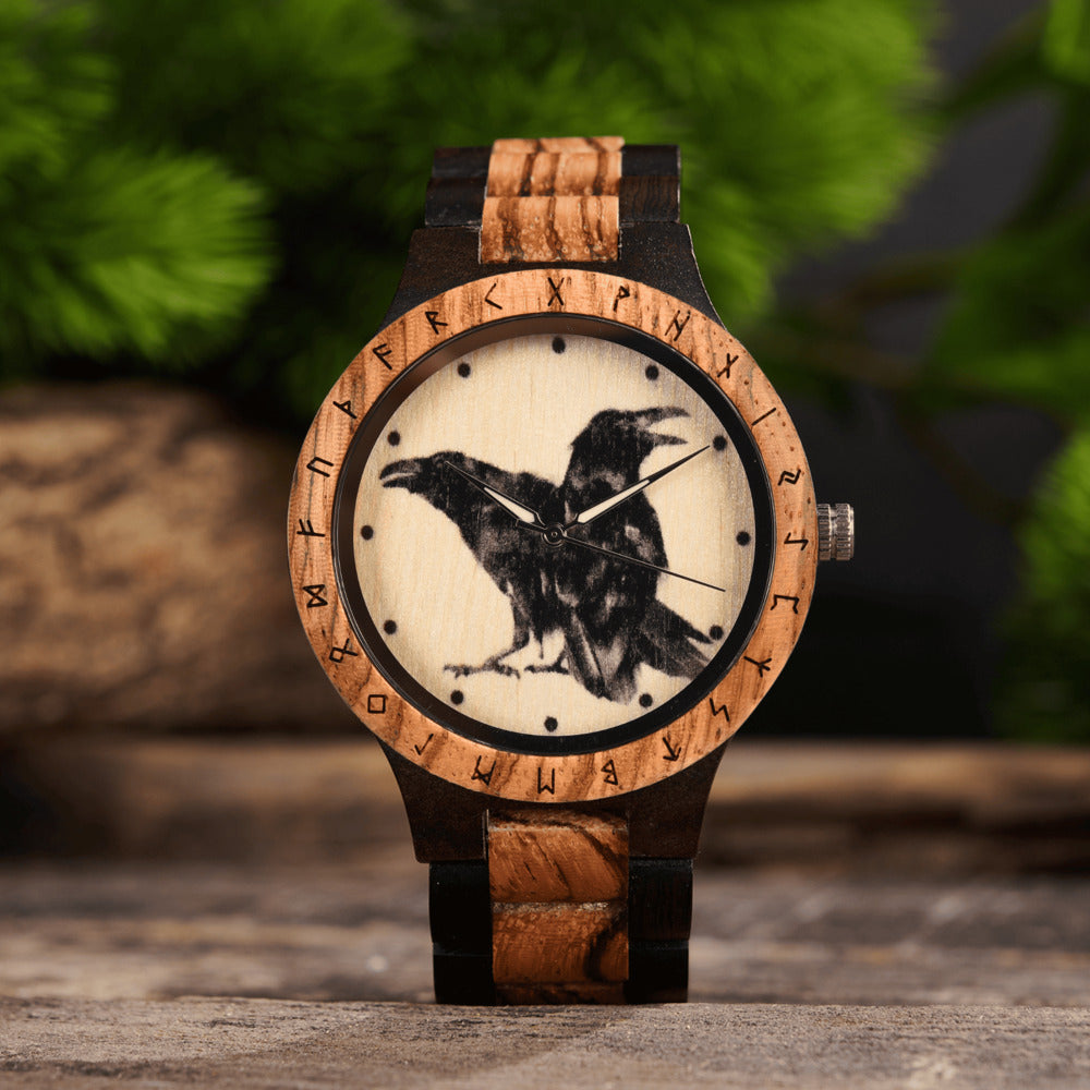 Handmade Viking wooden watch with Zebra wood and Ebony band showing watch face detail