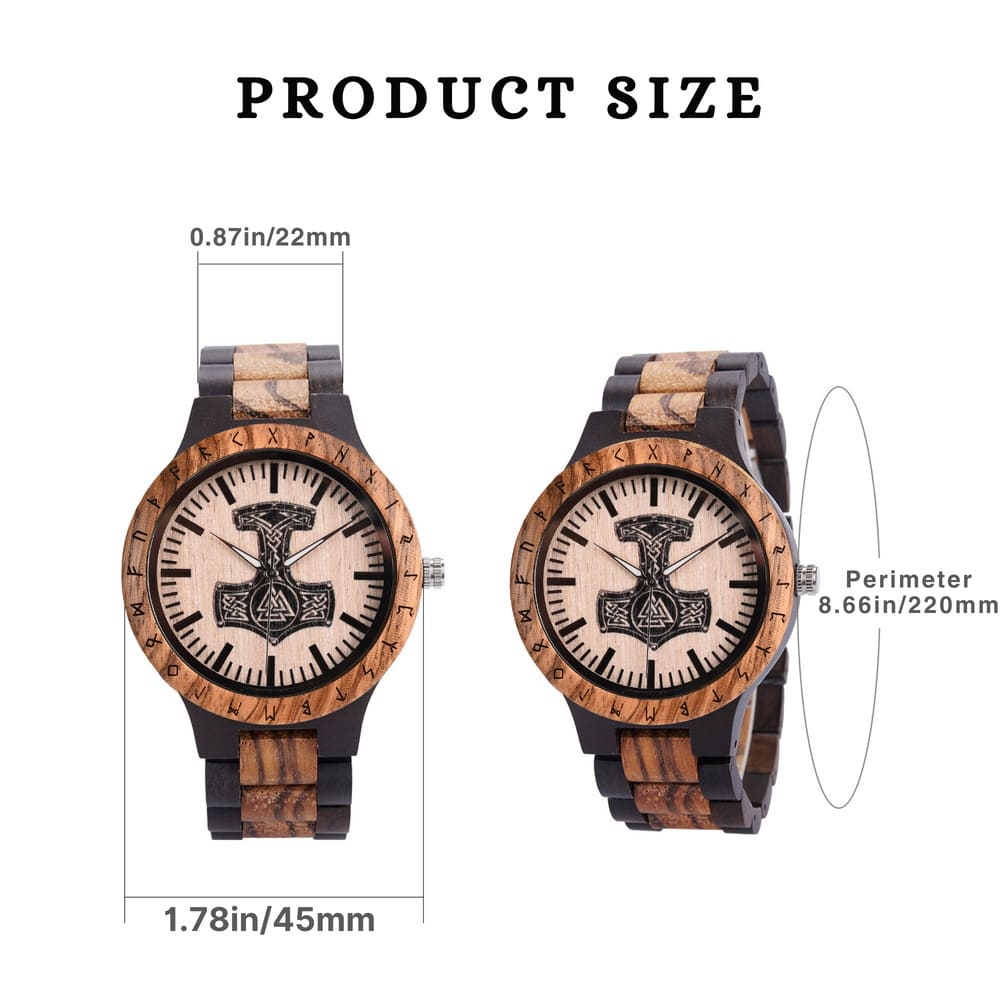 Wooden watch with measurements on a white background