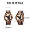 Wooden watch with bird design on face, showing product size measurements.