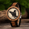 Personalized Hugin and Munin engraved wooden watch with runic circle design by Vikingenes