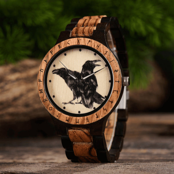 Personalized Hugin and Munin engraved wooden watch with runic circle design by Vikingenes