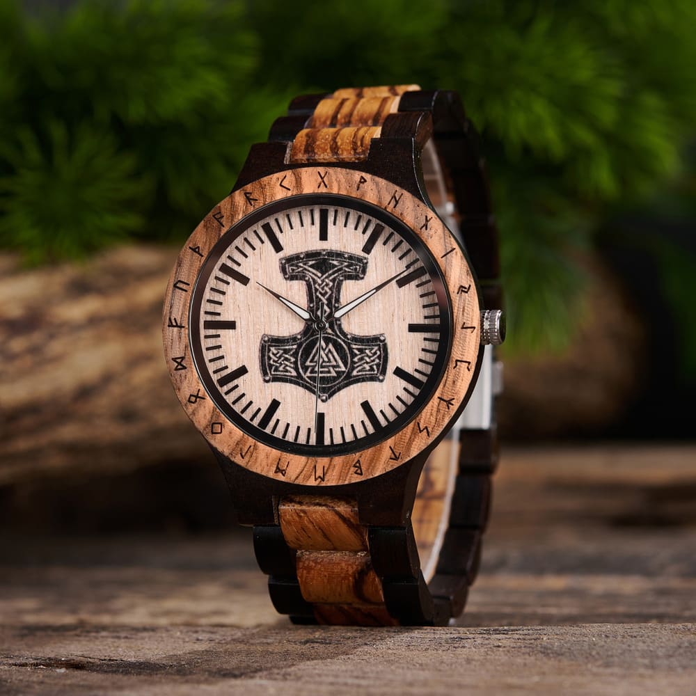 Personalized Thor's Hammer Mjölnir engraved wooden watch with runic circle design by Vikingenes