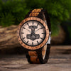 Personalized Thor's Hammer Mjölnir engraved wooden watch with runic circle design by Vikingenes