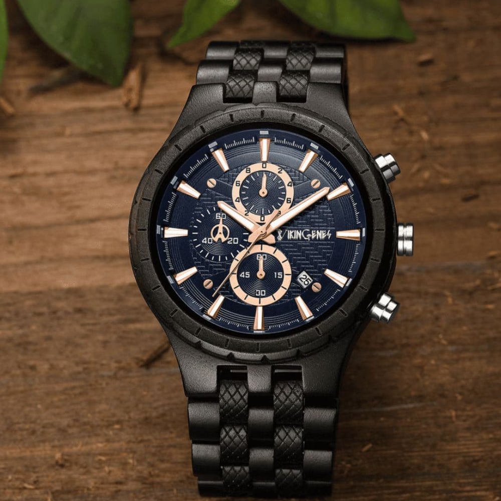Personalized ebony wood chronograph watch with blue dial and rose gold accents, front view