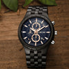 Personalized ebony wood chronograph watch with blue dial and rose gold accents, front view
