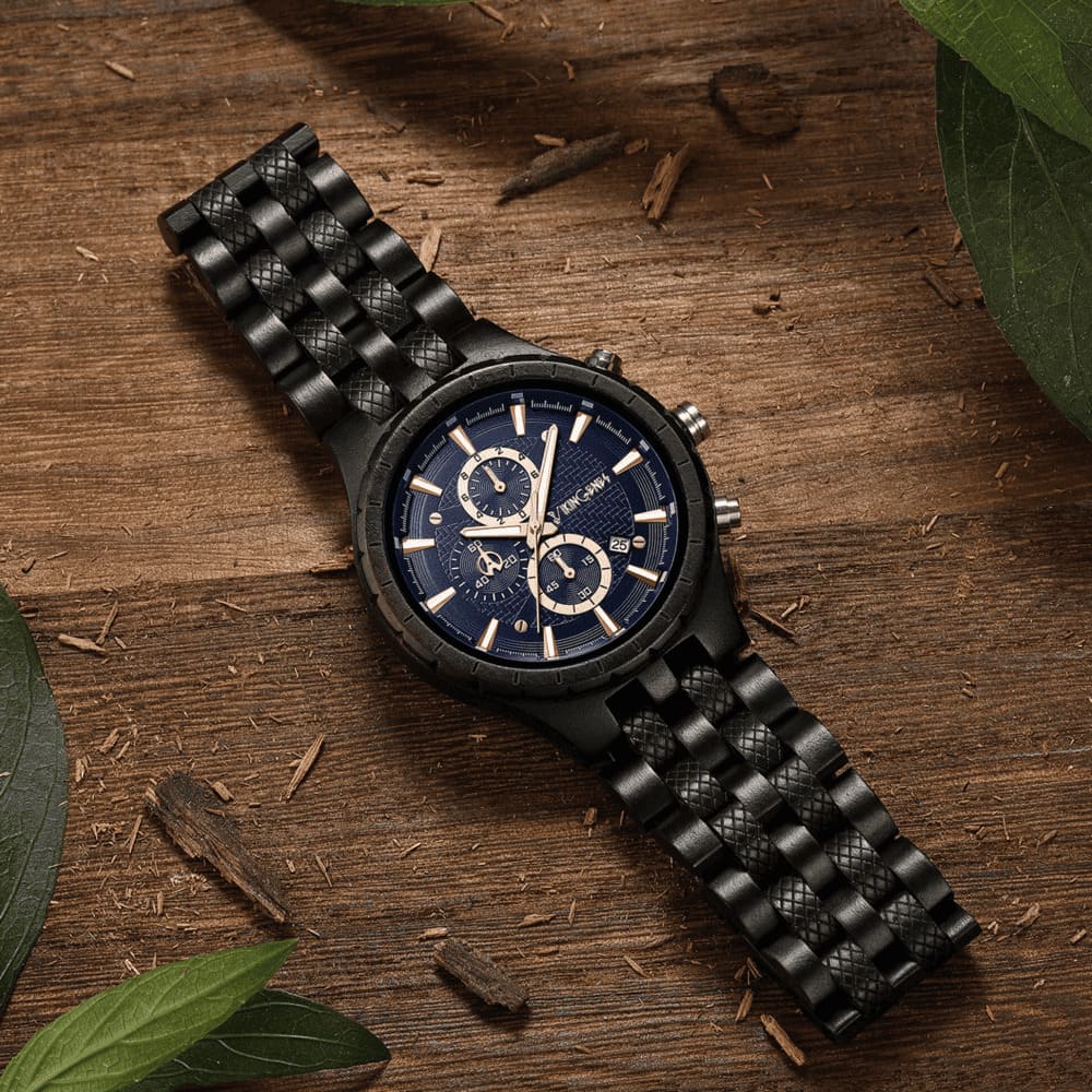 Handcrafted ebony wood chronograph watch with sub-dials worn on man's wrist