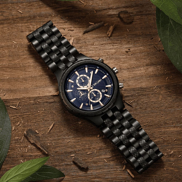 Handcrafted ebony wood chronograph watch with sub-dials worn on man's wrist
