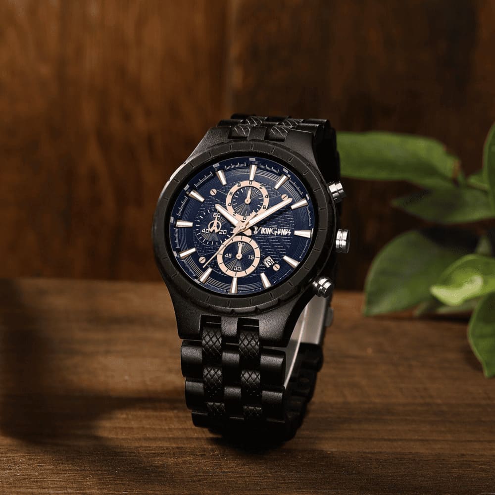 Custom engraved ebony wood watch shown open in personalized wooden gift box