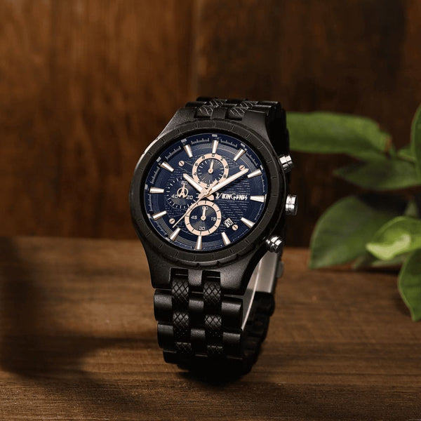 Custom engraved ebony wood watch shown open in personalized wooden gift box