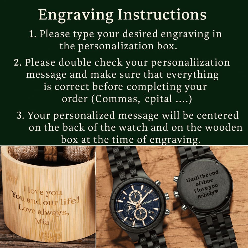 Engraving instructions for watches and wooden box with sample text on a dark green background.