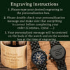 Engraving instructions for watches and wooden box with sample text on a dark green background.