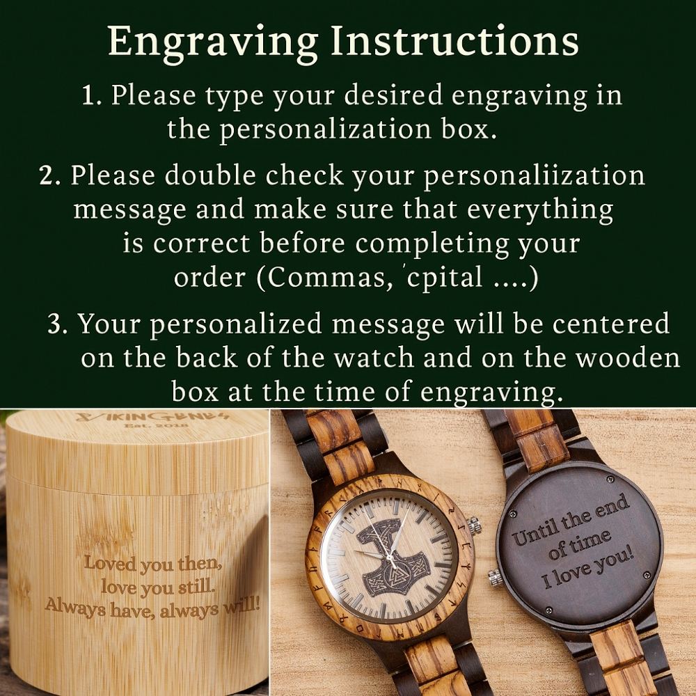 Engraving instructions for a wooden watch and box with sample text.