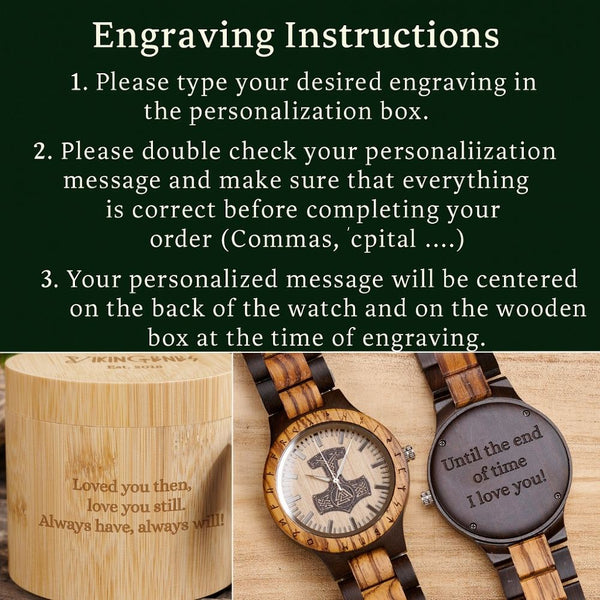 Engraving instructions for a wooden watch and box with sample text.