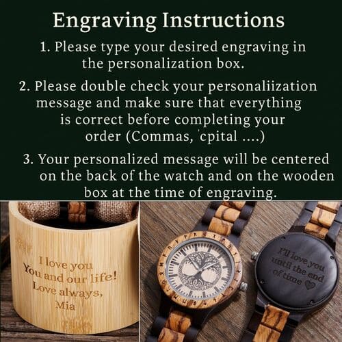 Engraving instructions for watches with wooden cases on a black background.
