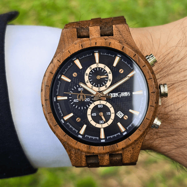 Detail shot of the Sydney walnut wood watch strap and chronograph dial face