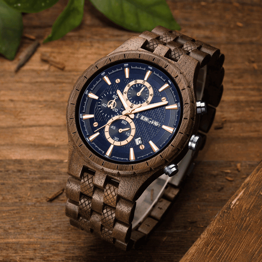 Close-up of custom engraving on the back of the Sydney walnut wooden watch