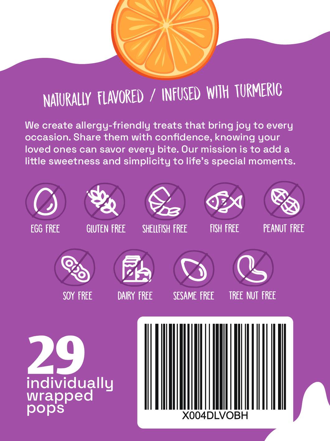 Allergy-friendly treats packaging with purple background and orange slice illustration