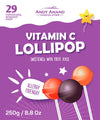 Andy Anand Chocolatier Vitamin C Lollipop package with colorful lollipops on a purple background.