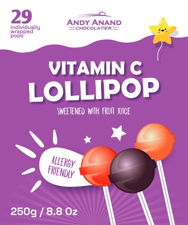 Andy Anand Chocolatier Vitamin C Lollipop package with colorful lollipops on a purple background.