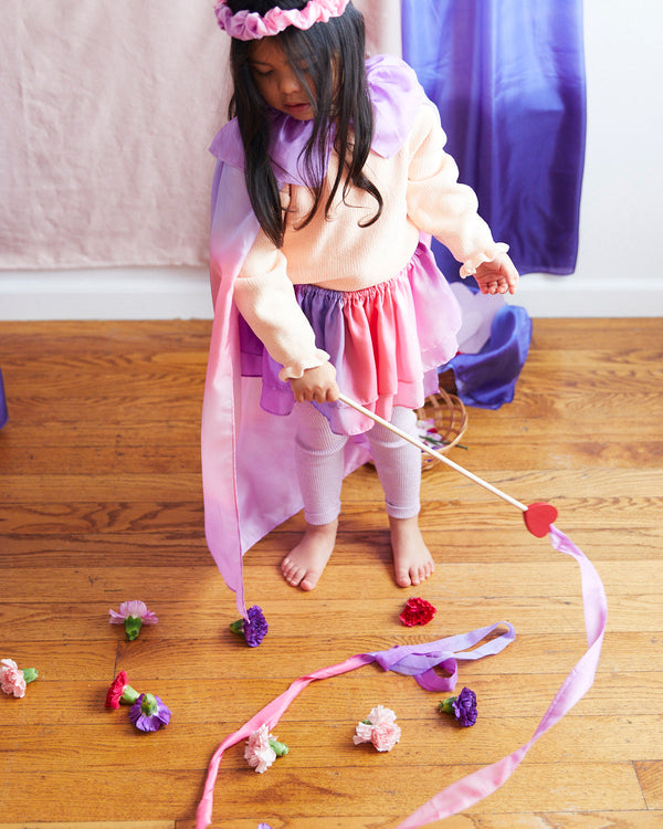 Whimsy meets sustainability!  This mulberry silk Blossom Cape is perfect for imaginative play & doubles as a Halloween costume! Easy wear, ages 3-8, eco-friendly.