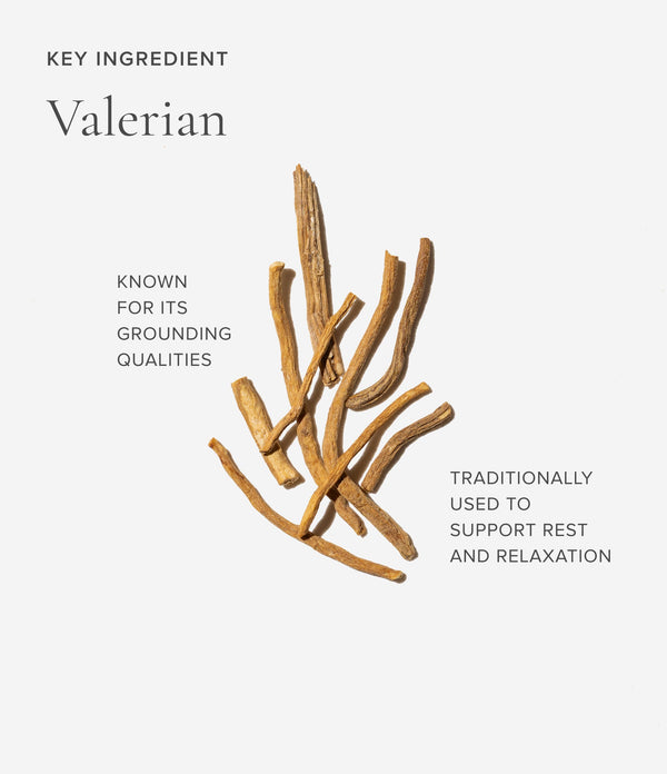 Valerian roots with text about its grounding qualities and relaxation support on a light gray background