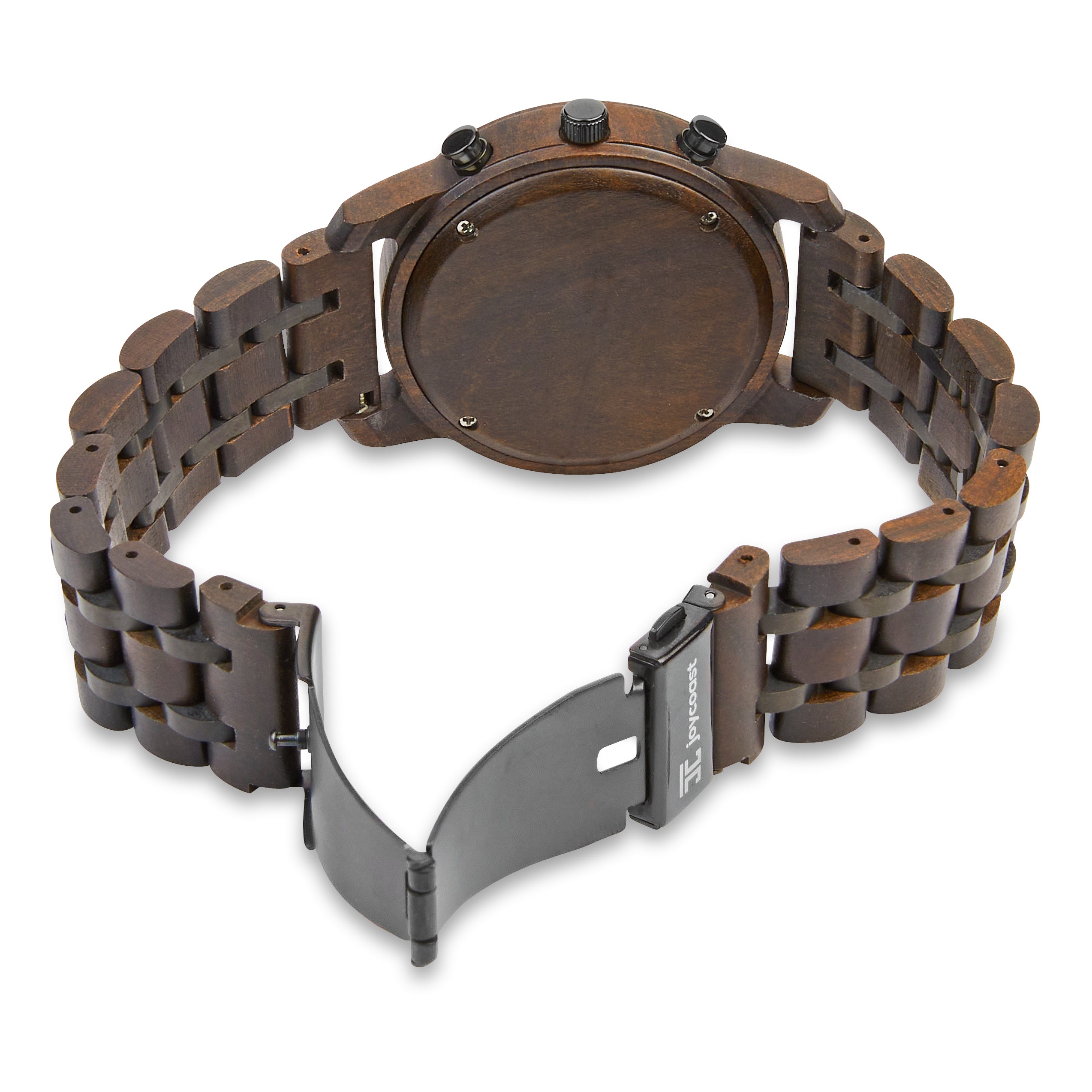 Wooden watch with a metal band on a white background