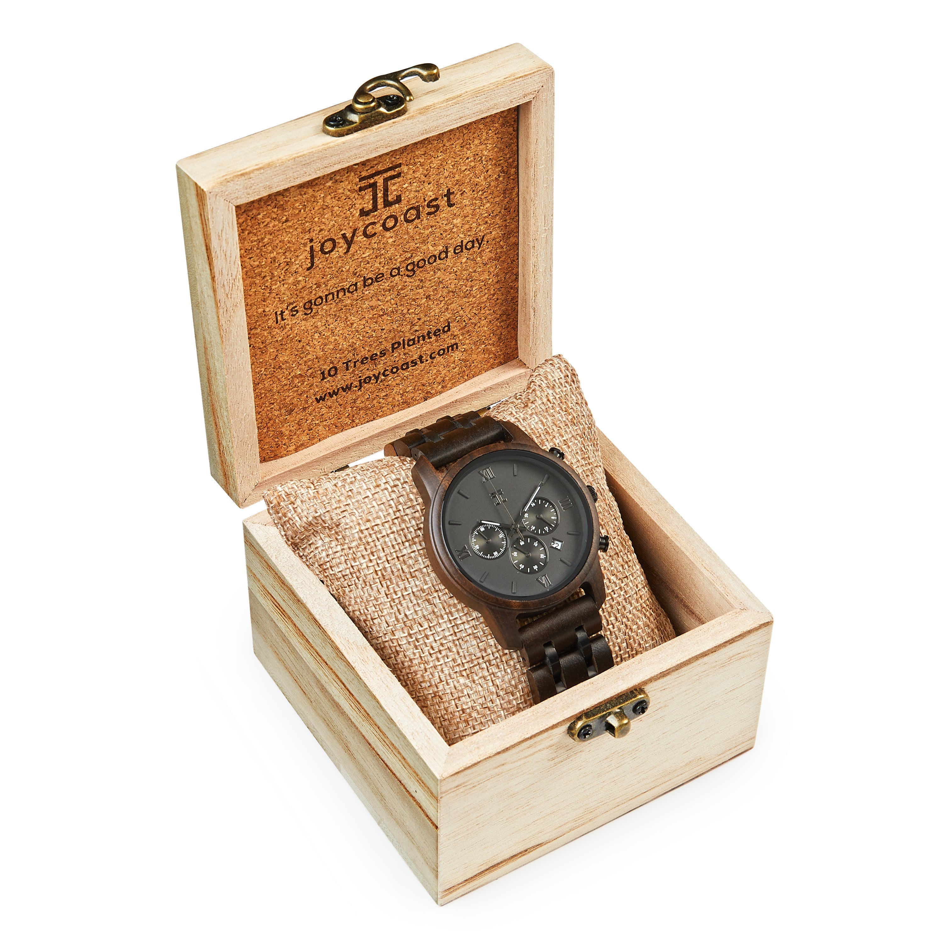 Wooden watch box with a watch inside, featuring the brand 'joycoast'.