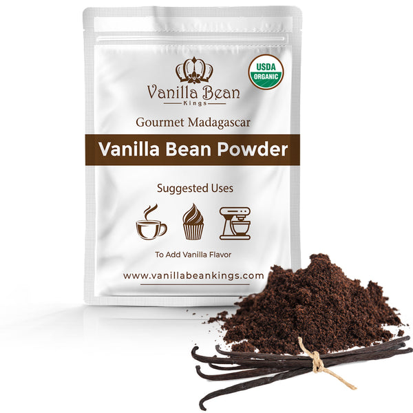 Vanilla Bean Powder package with vanilla beans on a white background