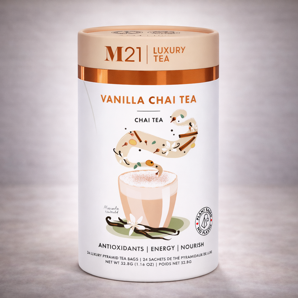 M21 Luxury Tea Vanilla Chai Tea packaging on a gray background
