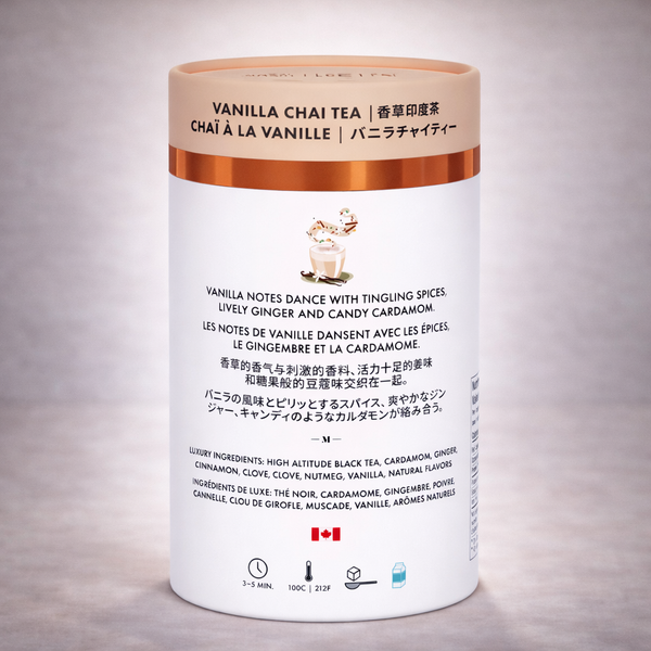 Vanilla chai tea packaging with text and branding on a light gray background