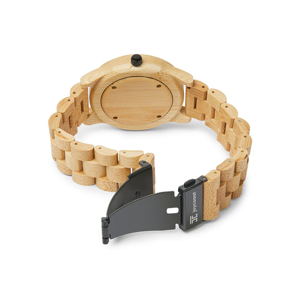 Wooden watch with a black clasp on a white background