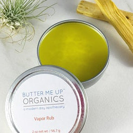 Butter Me Up Organics handmade organic vapor rub sick balm in a 2 oz tin with eucalyptus, peppermint and rosemary essential oils