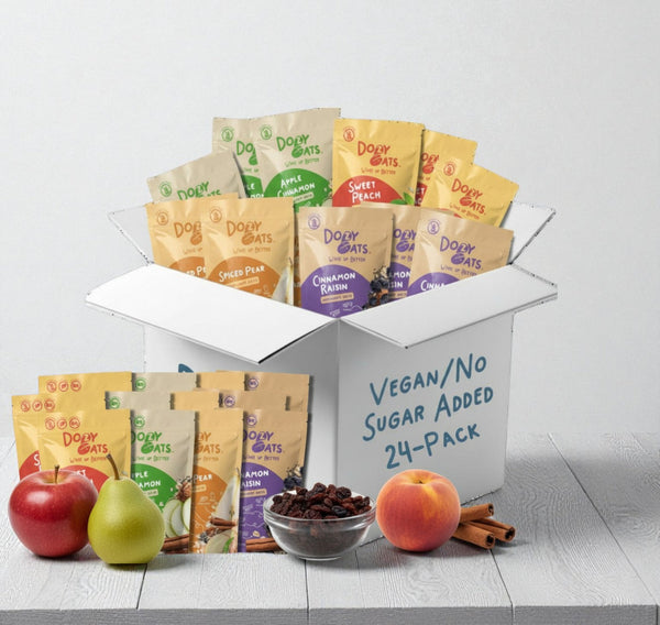Box of Dové Oats vegan/no sugar added products with various flavors on a light gray background.