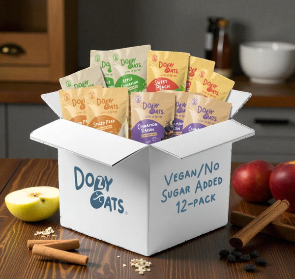 Dozy Oats vegan no added sugar overnight oats variety pack displayed on a table