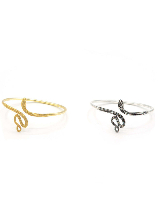 Silver-plated viper snake cuff bracelet on white background — adjustable, nickel-free, fair trade