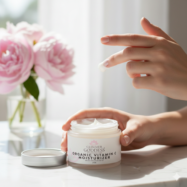 Person holding a jar of Organic Vitamin C Moisturizer with pink flowers in the background