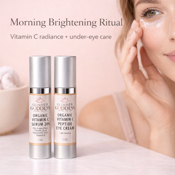 Morning brightening skincare ritual with Glimmer Goddess Vitamin C Serum and Vitamin C Eye Serum duo