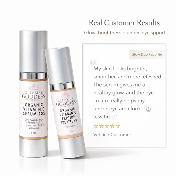 Customer testimonial for Glimmer Goddess Organic Vitamin C Glow Duo face and eye brightening set