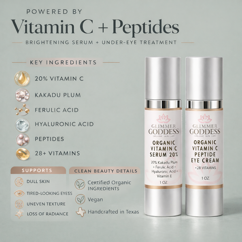 Key organic ingredients in Glimmer Goddess Vitamin C Serum and Peptide Eye Serum including Kakadu Plum and Camu Camu