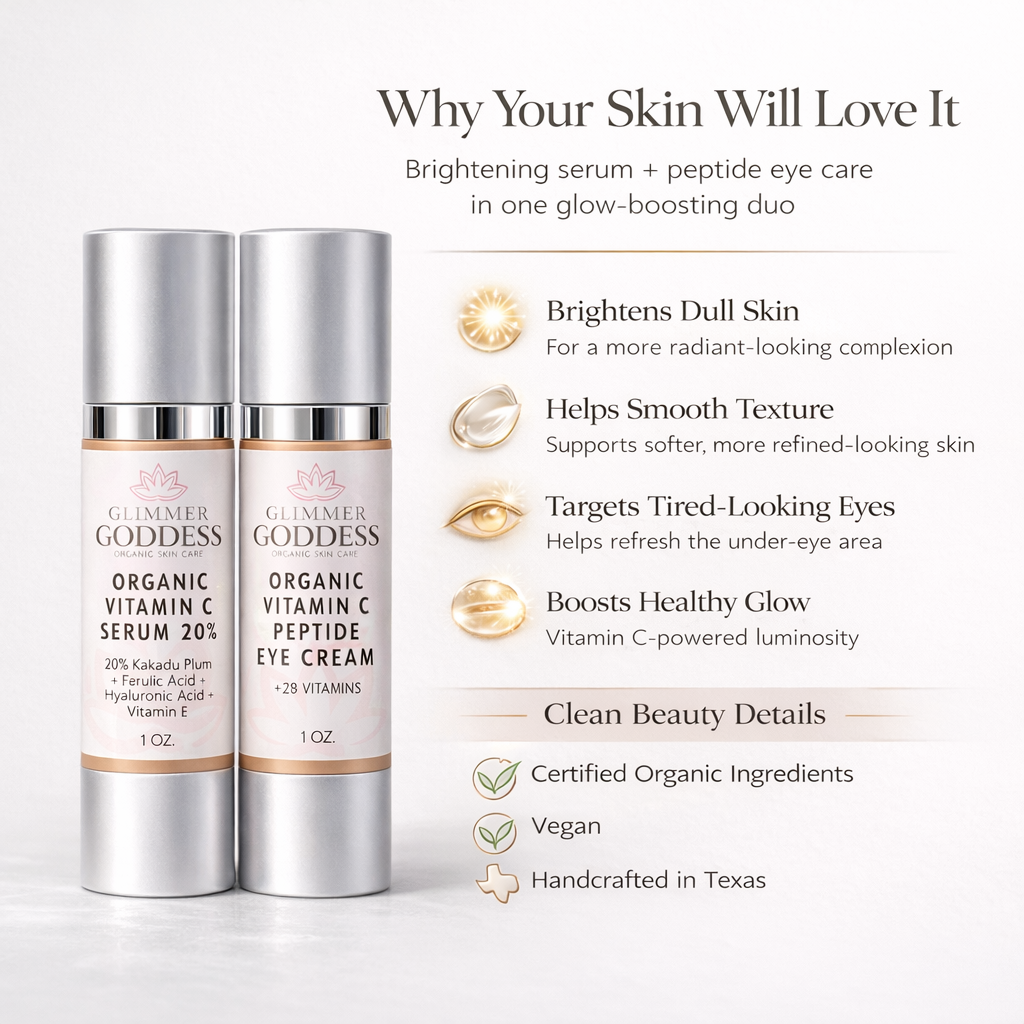 Glimmer Goddess Organic Vitamin C Serum and Peptide Eye Serum duo for dark spots and under-eye puffiness